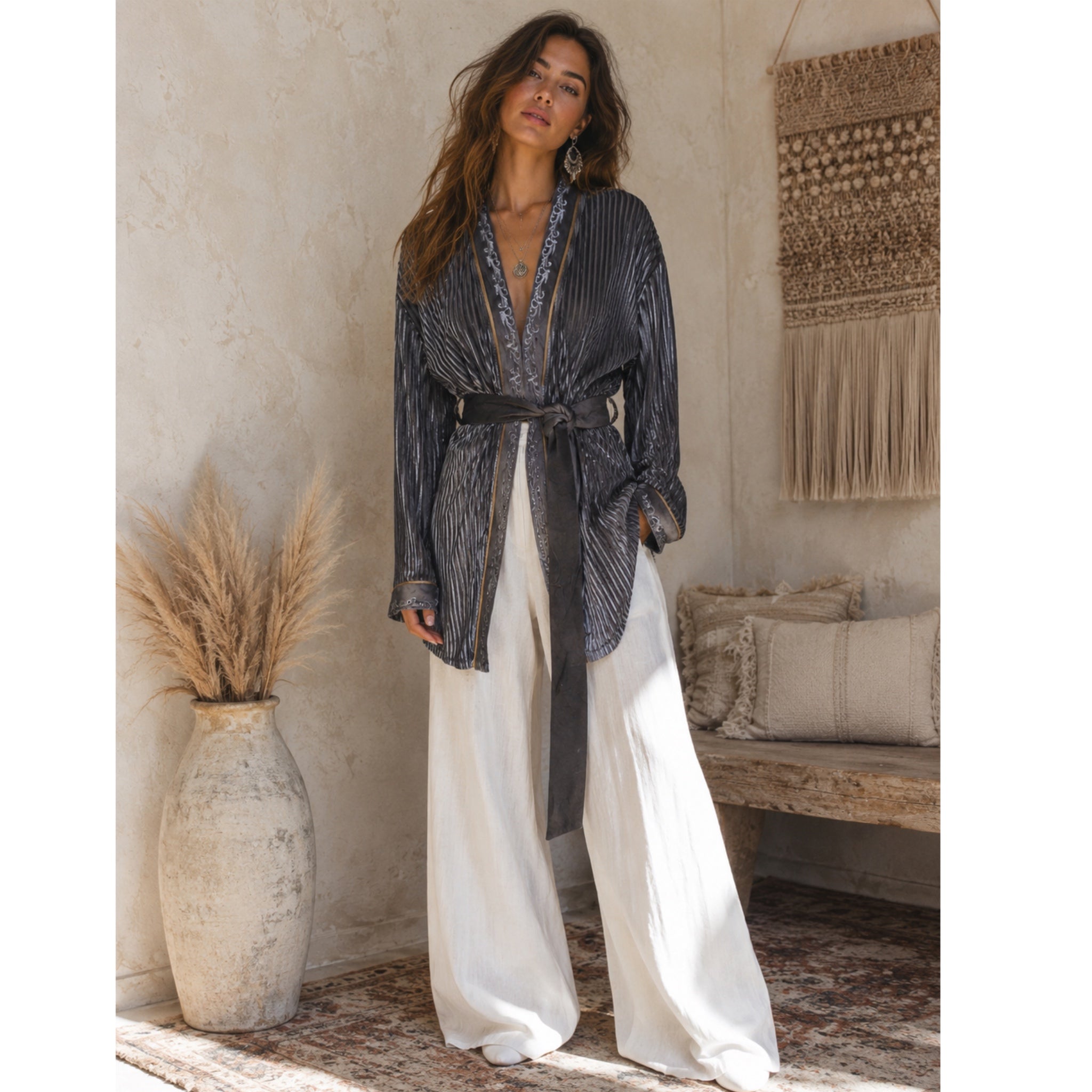 POL Silver Gray Embroidered Pleated Kimono-Robe