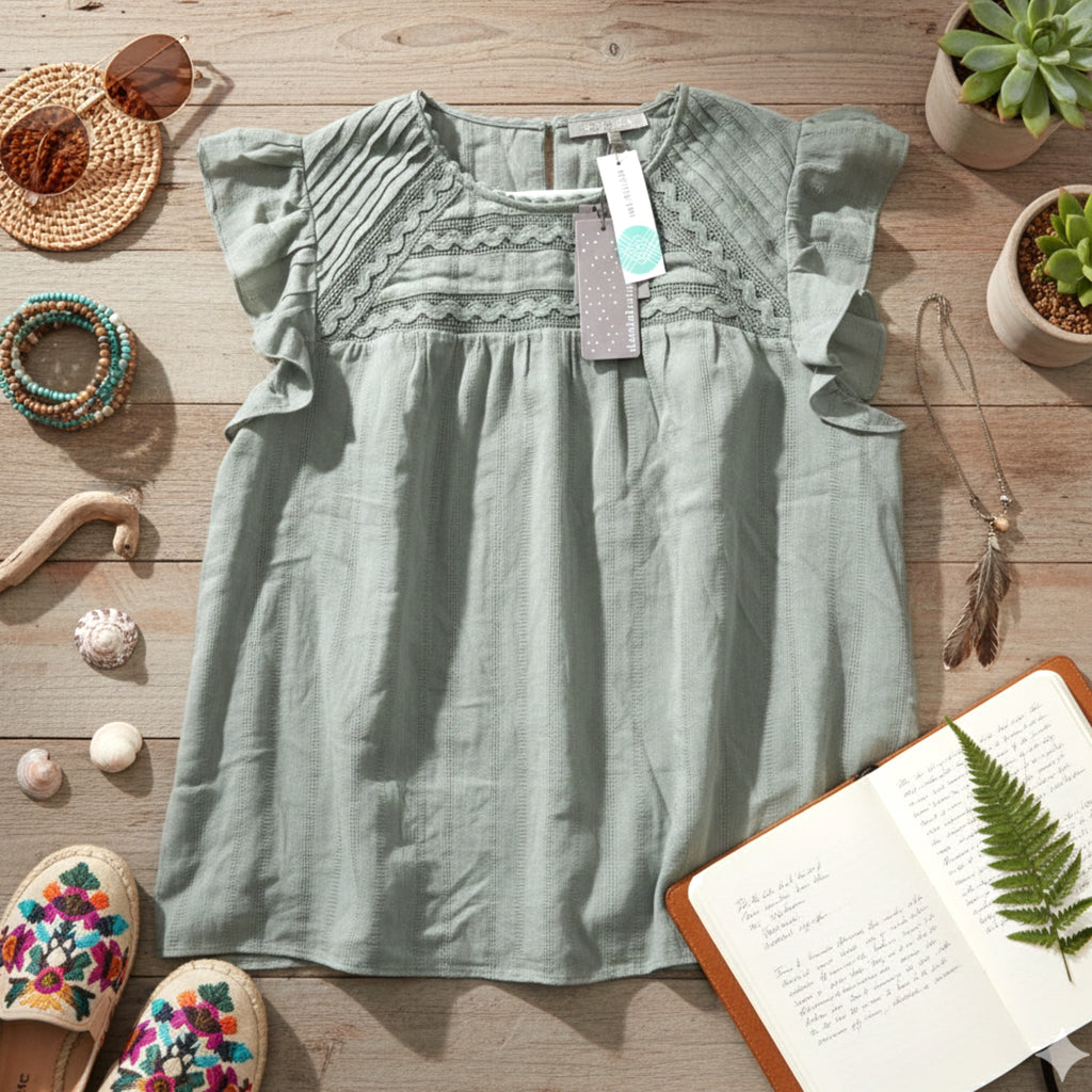 Daniel Rainn Raegan Lace Detail Blouse Womens 100% Cotton Top in Sage