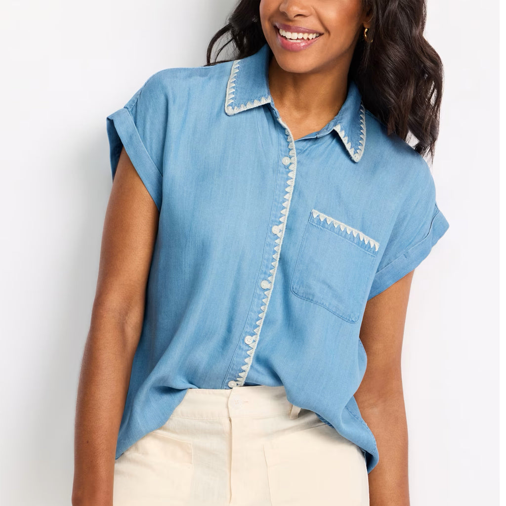 COSMIC BLUE LOVE Aubrey Whipstitch Button Up Shirt in Coastal Blue
