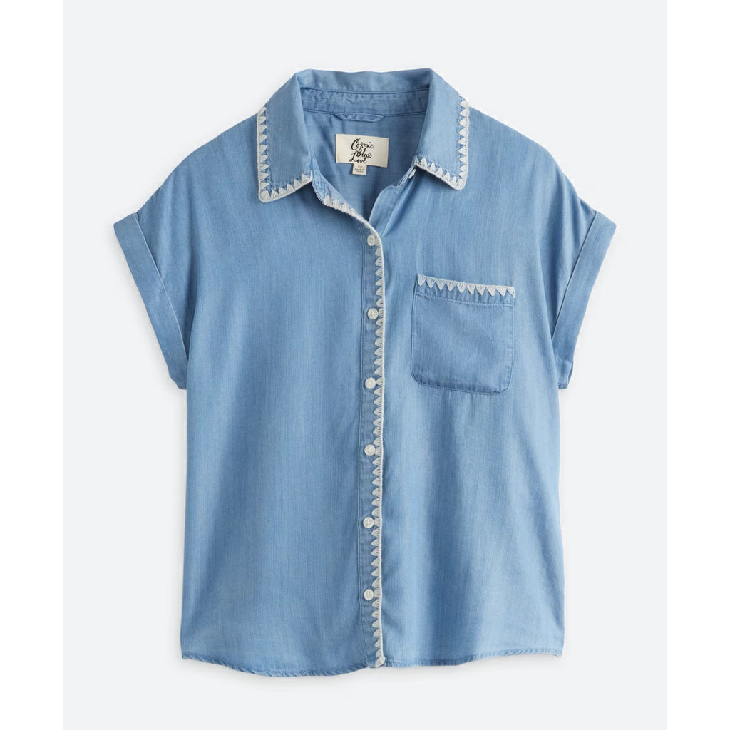 COSMIC BLUE LOVE Aubrey Whipstitch Button Up Shirt in Coastal Blue