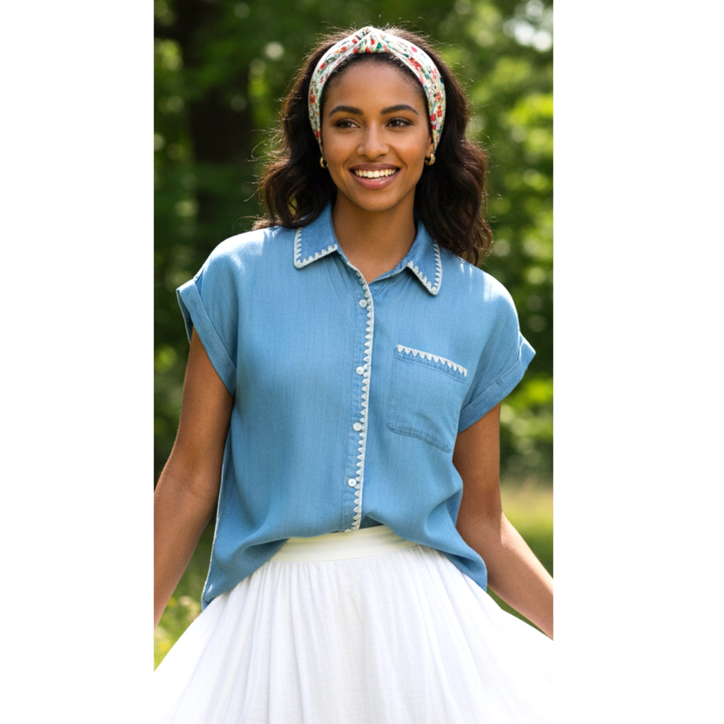 COSMIC BLUE LOVE Aubrey Whipstitch Button Up Shirt in Coastal Blue