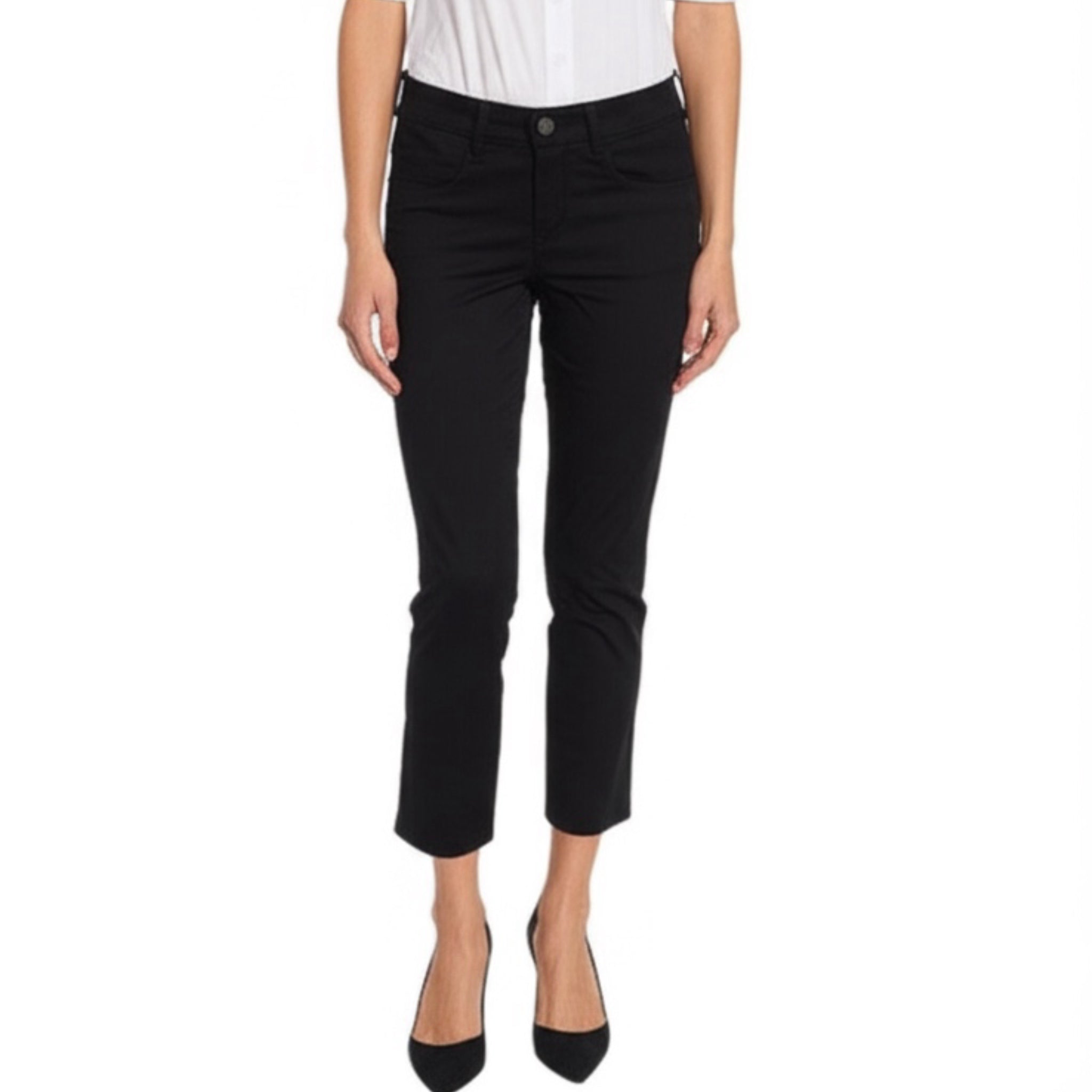 Cosmic Blue Love Black Dress Pants Stretchy Ankle Crop Straight Slim Leg
