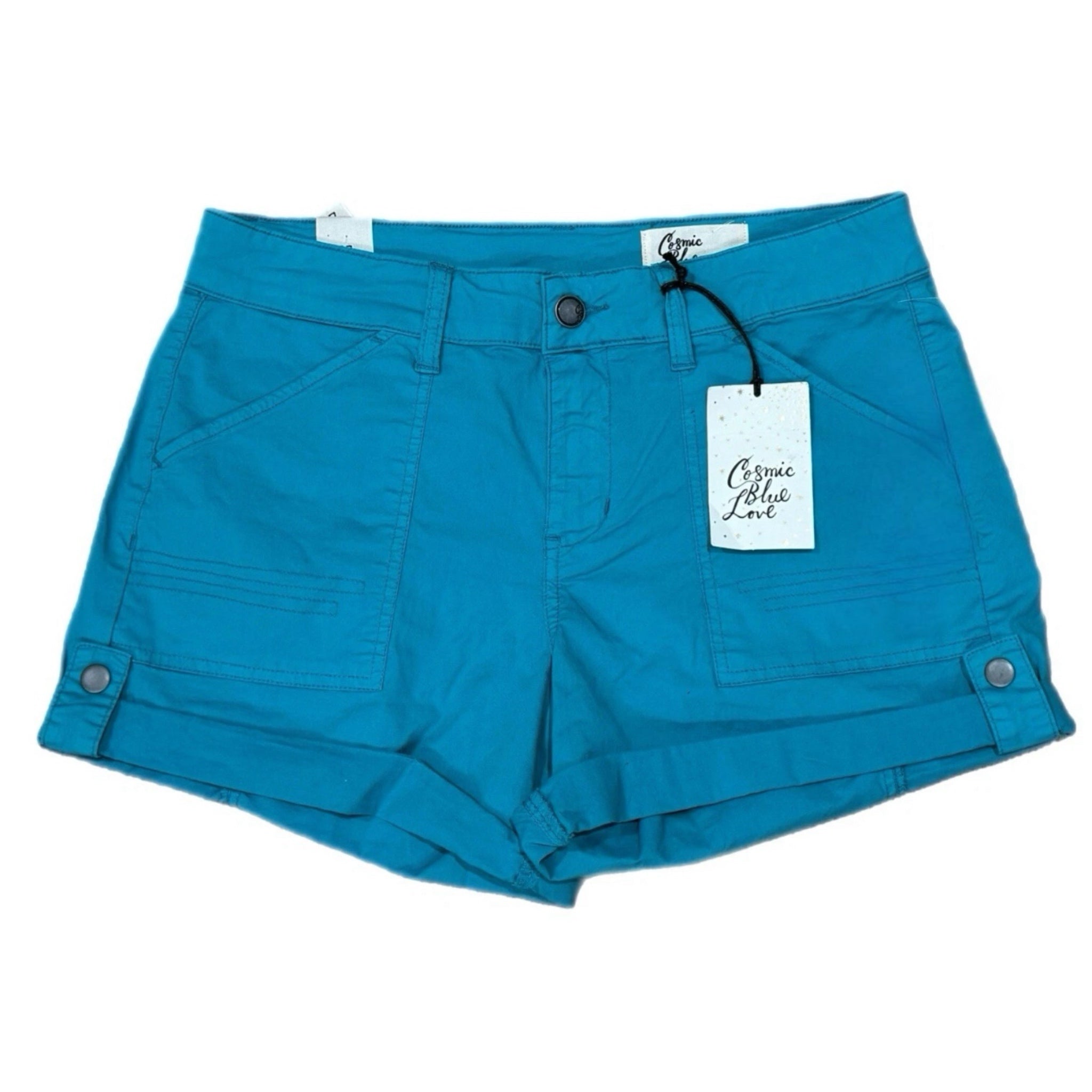 Cosmic Blue Love Ocean Blue Rolled Hem Shorts Mid Rise