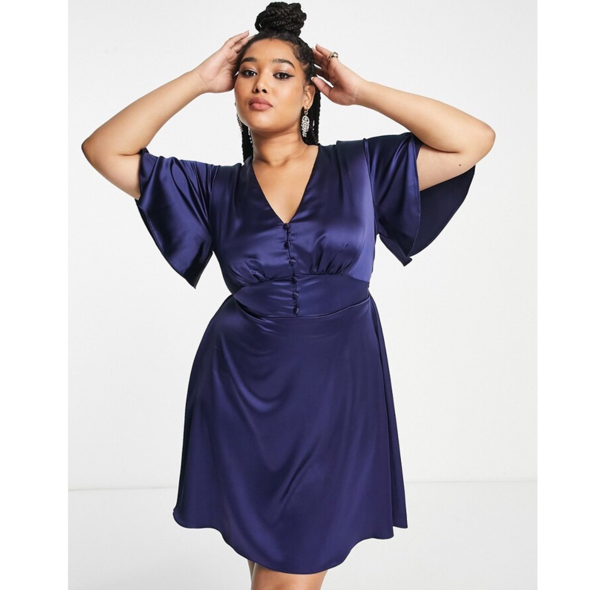 FLOUNCE LONDON Navy Satin Flutter Sleeve Mini Dress Short Sleeve V Neck