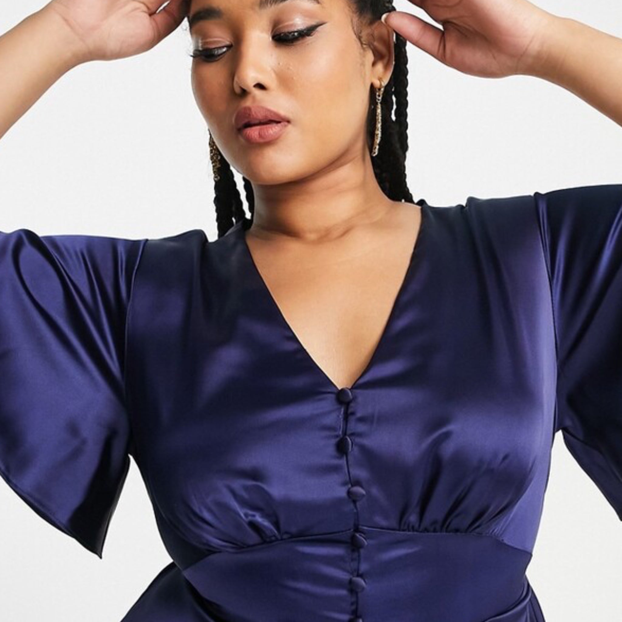 FLOUNCE LONDON Navy Satin Flutter Sleeve Mini Dress Short Sleeve V Neck
