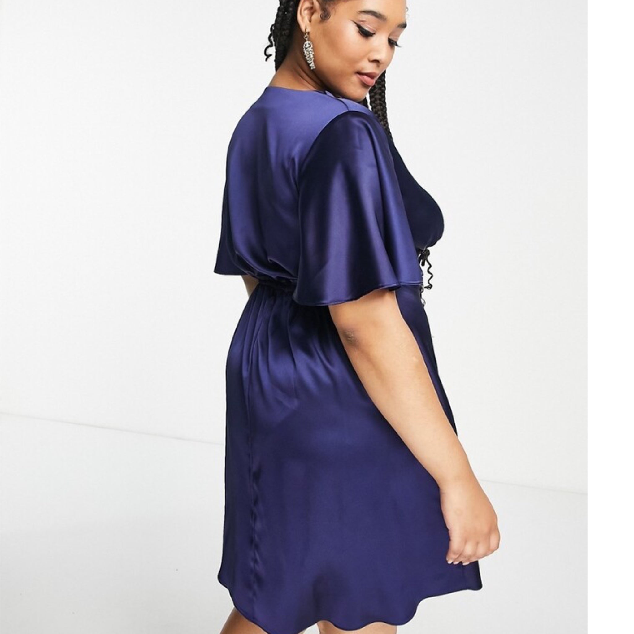 FLOUNCE LONDON Navy Satin Flutter Sleeve Mini Dress Short Sleeve V Neck