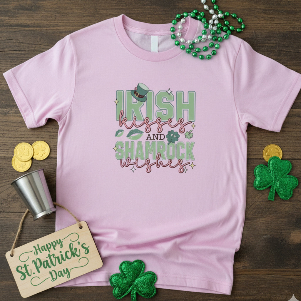 Irish Kisses & Shamrock Wishes Graphic Tee St Patrick’s Pink American Apparel