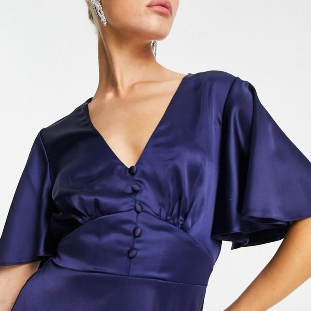 FLOUNCE LONDON Navy Satin Flutter Sleeve Mini Dress Short Sleeve V Neck