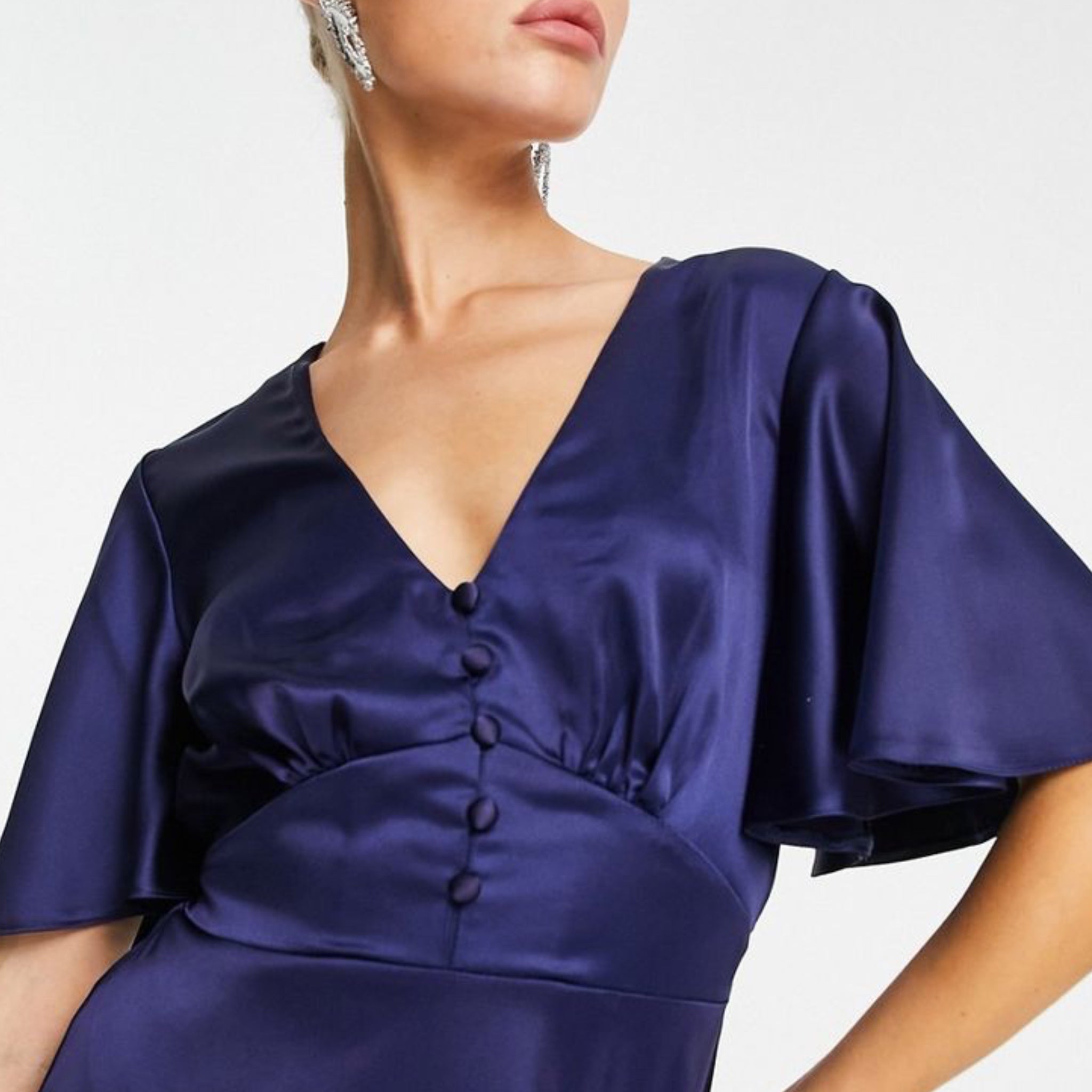 FLOUNCE LONDON Navy Satin Flutter Sleeve Mini Dress Short Sleeve V Neck