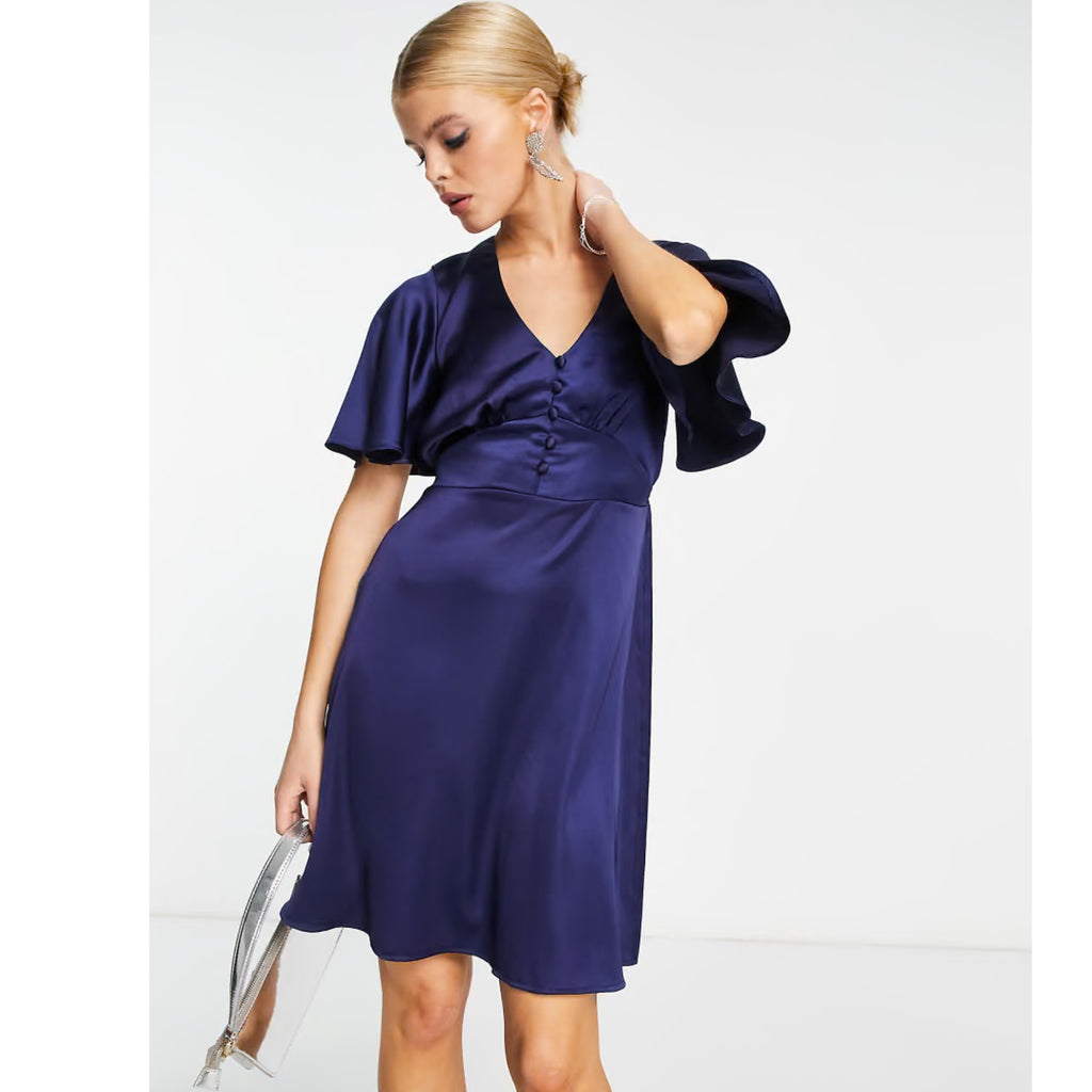 FLOUNCE LONDON Navy Satin Flutter Sleeve Mini Dress Short Sleeve V Neck