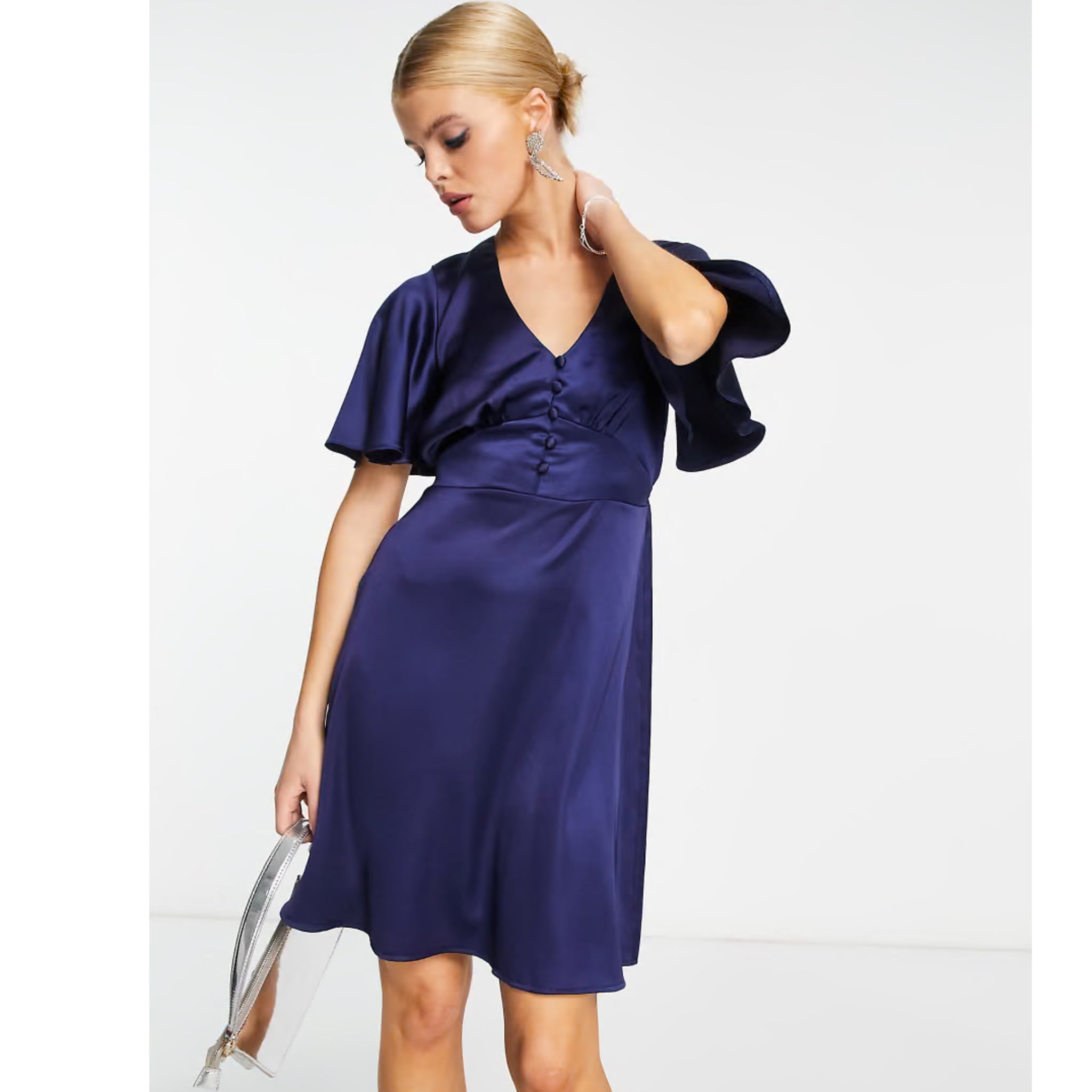 FLOUNCE LONDON Navy Satin Flutter Sleeve Mini Dress Short Sleeve V Neck