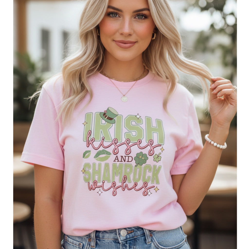 Irish Kisses & Shamrock Wishes Graphic Tee St Patrick’s Pink American Apparel