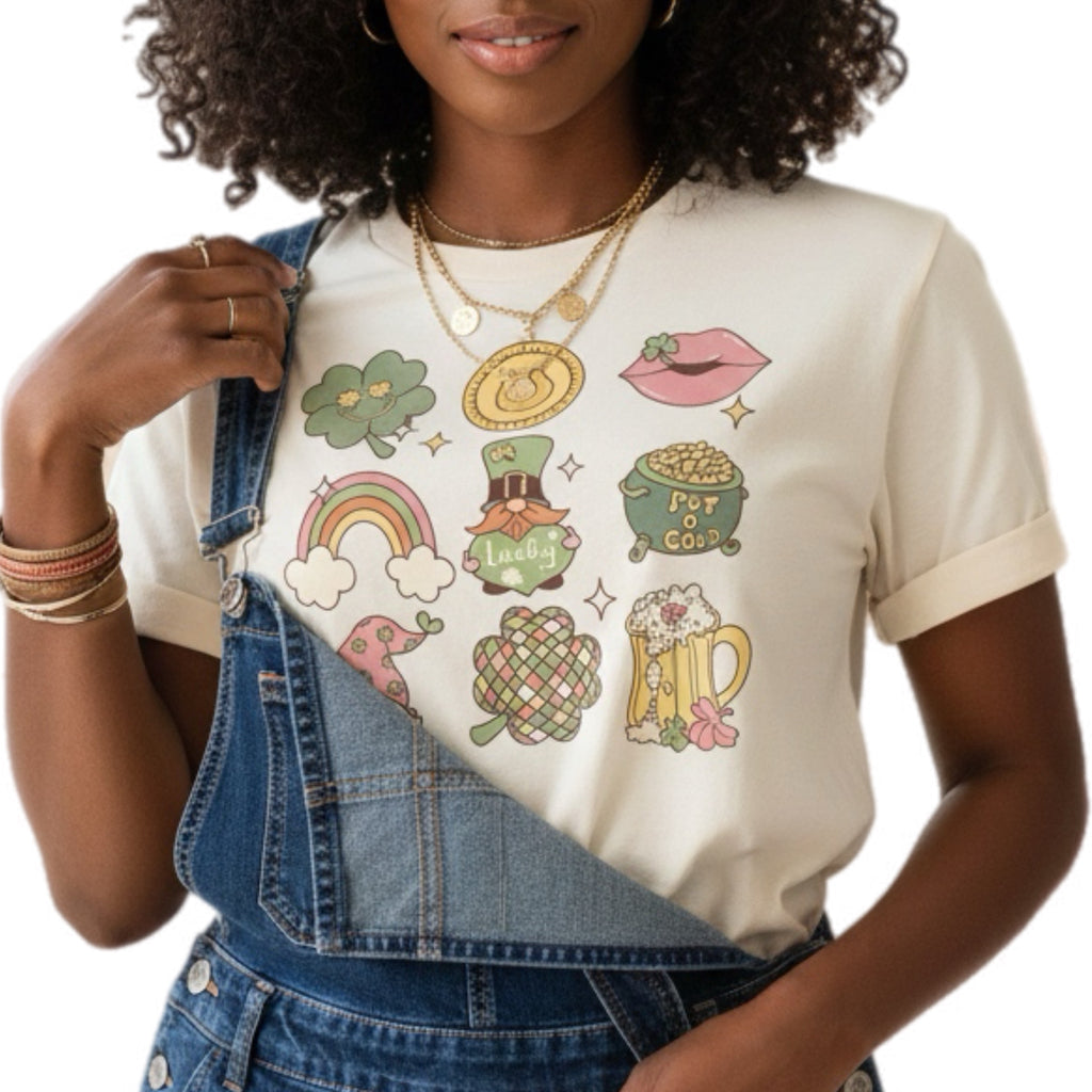ST PATRICKS Shirt Gnome Lucky Retro Graphic Tee Trendy Boho in Cream