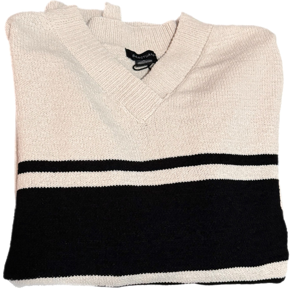 Sanctuary Stitch Fix Oversized Sweater Beige Big Black Stripe V Neck
