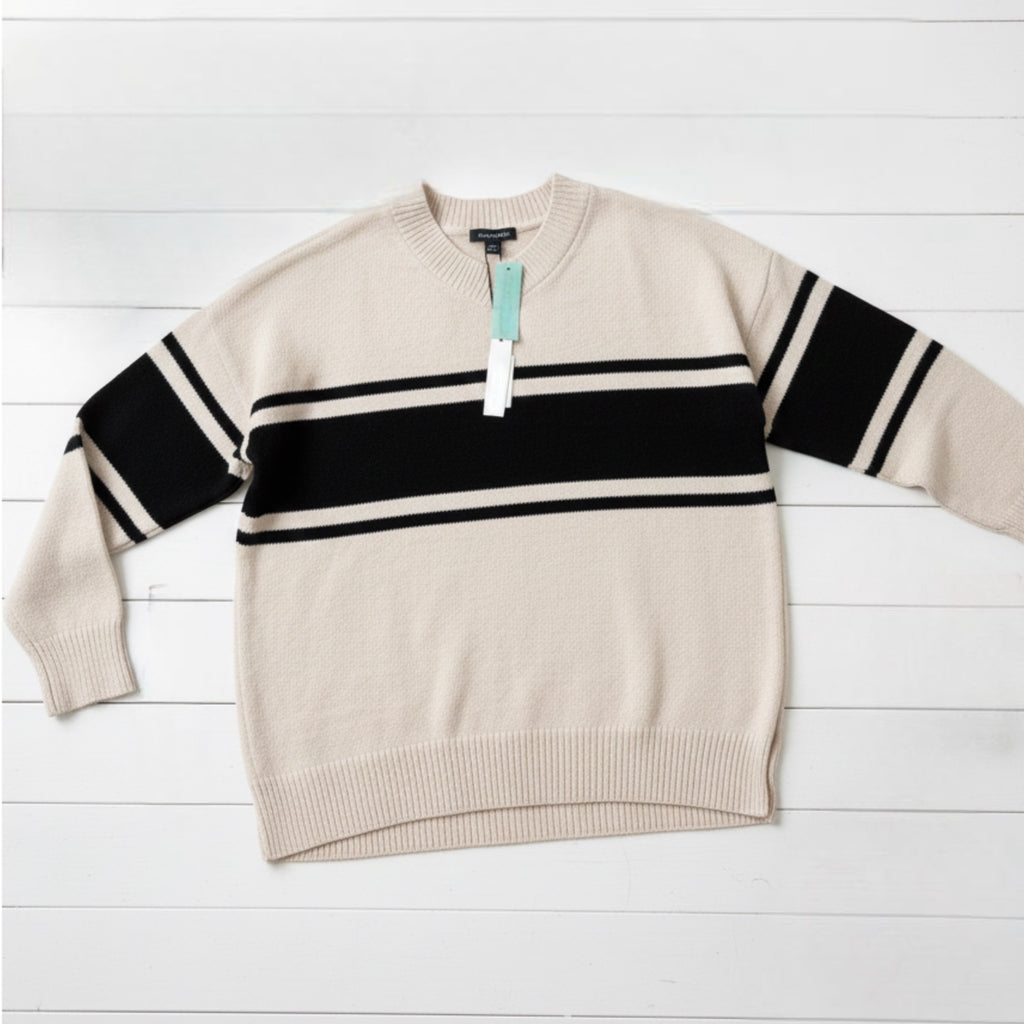 Sanctuary Stitch Fix Oversized Sweater Beige Big Black Stripe V Neck