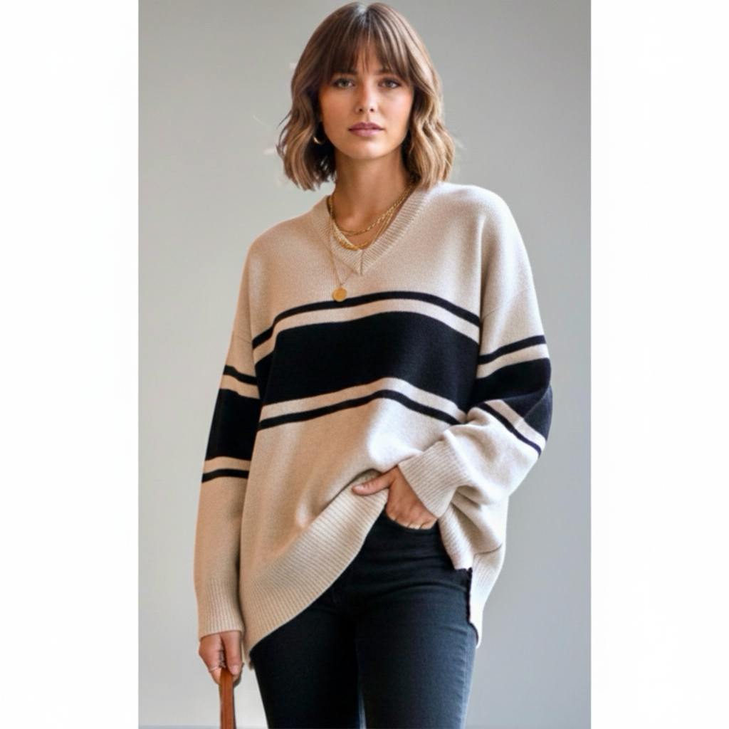 Sanctuary Stitch Fix Oversized Sweater Beige Big Black Stripe V Neck