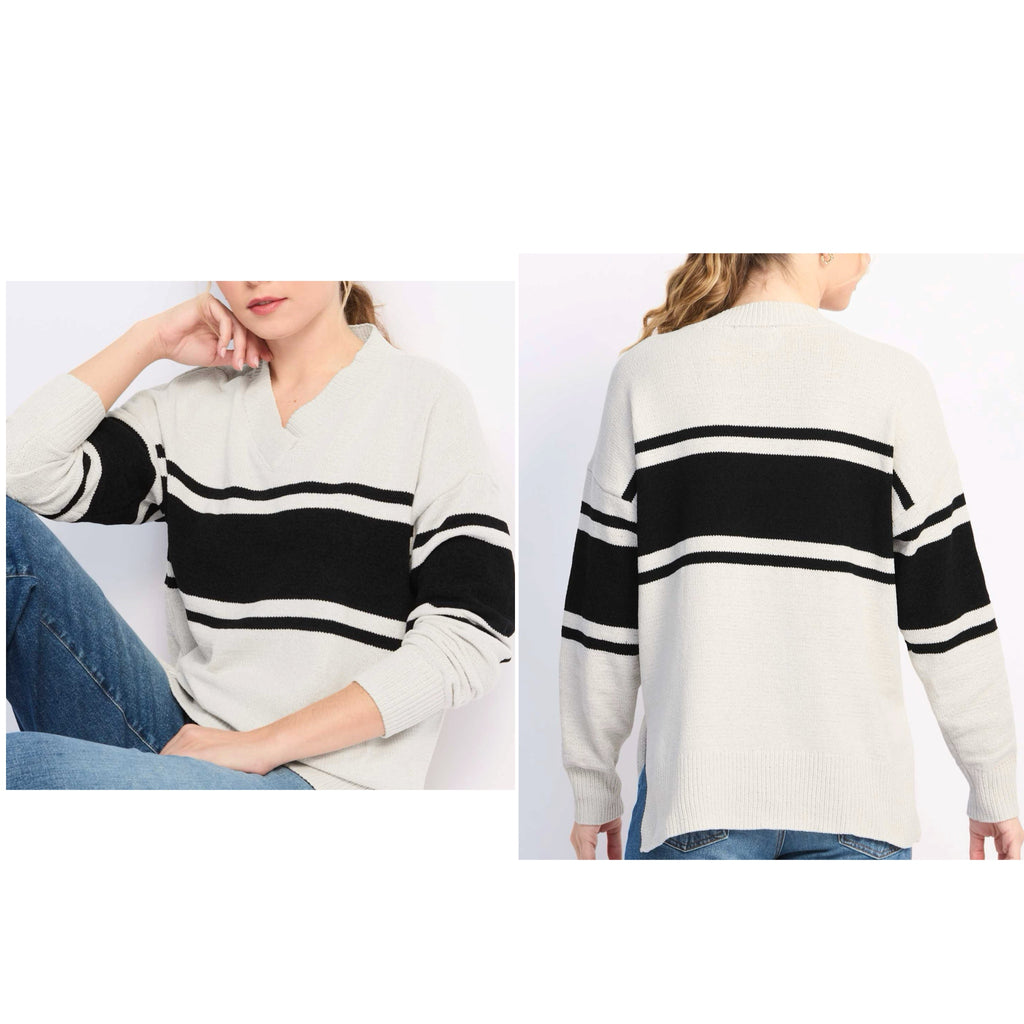 Sanctuary Stitch Fix Oversized Sweater Beige Big Black Stripe V Neck