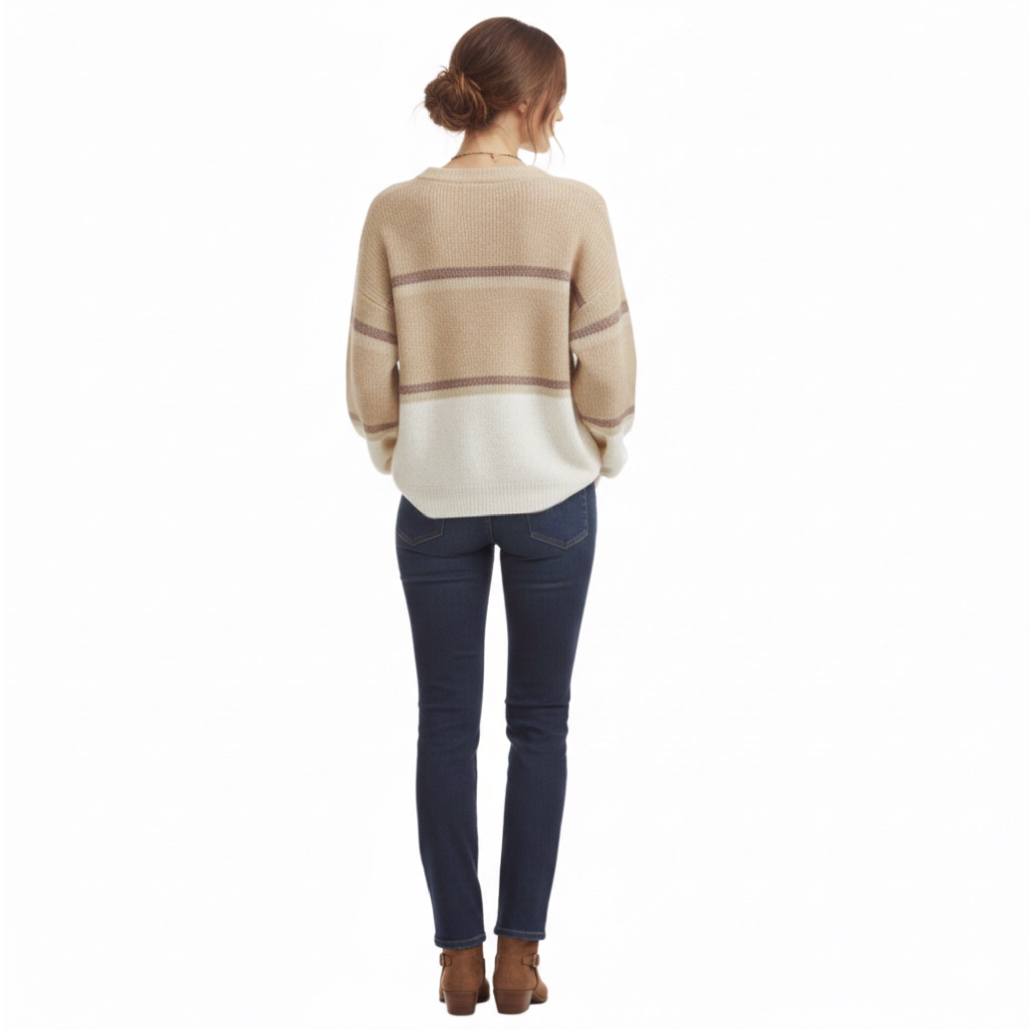 LOVE ELLIE Metallic Stripe Crew Neck Sweater in Beige and Cream