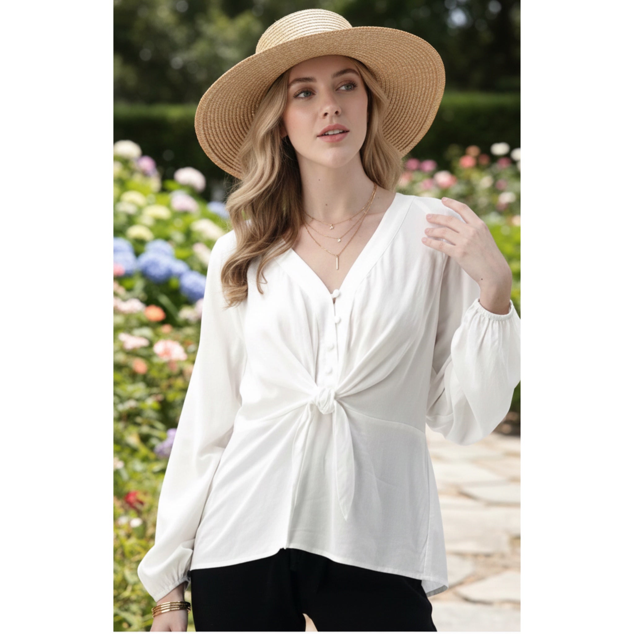 East Coast Linen Blend Long Sleeve White V Neck Blouse