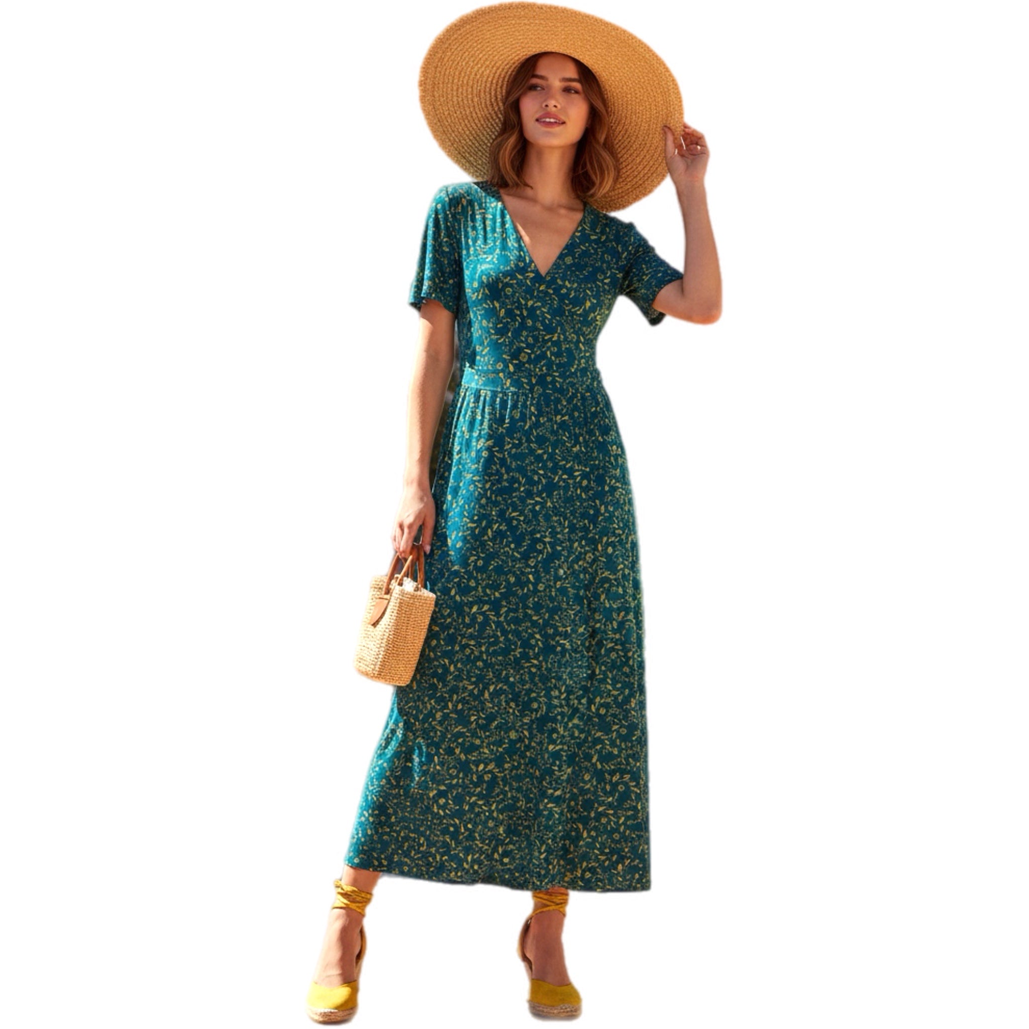 41 HAWTHORN Boho Maxi Dress Botanical Short Sleeve Casual Traveler Surplice