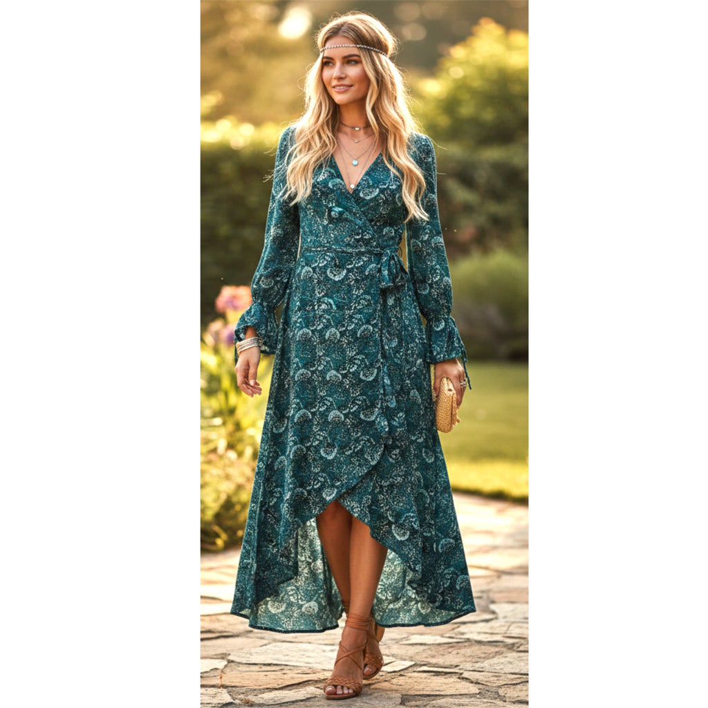 B.O.G. Collective Band Of The Free Jewel Teal Boho Floral Wrap Maxi Dress