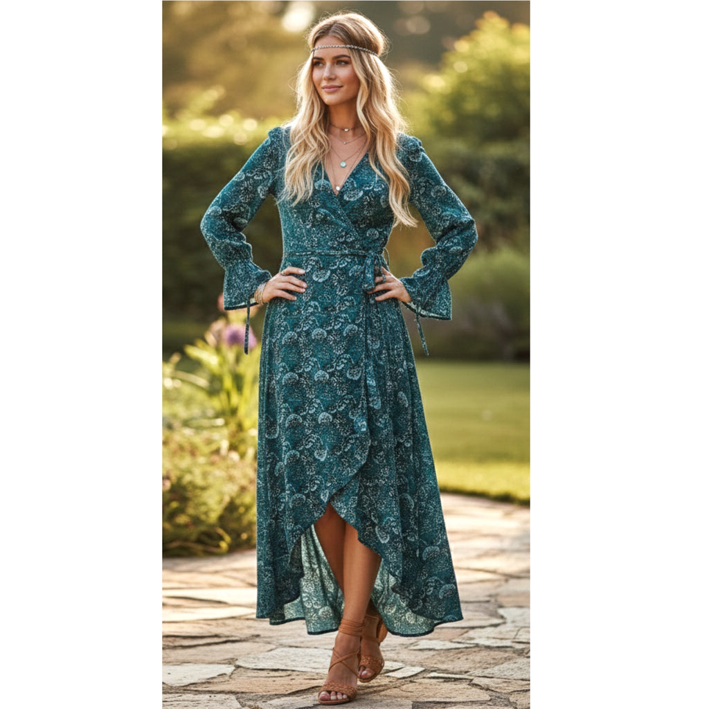 B.O.G. Collective Band Of The Free Jewel Teal Boho Floral Wrap Maxi Dress
