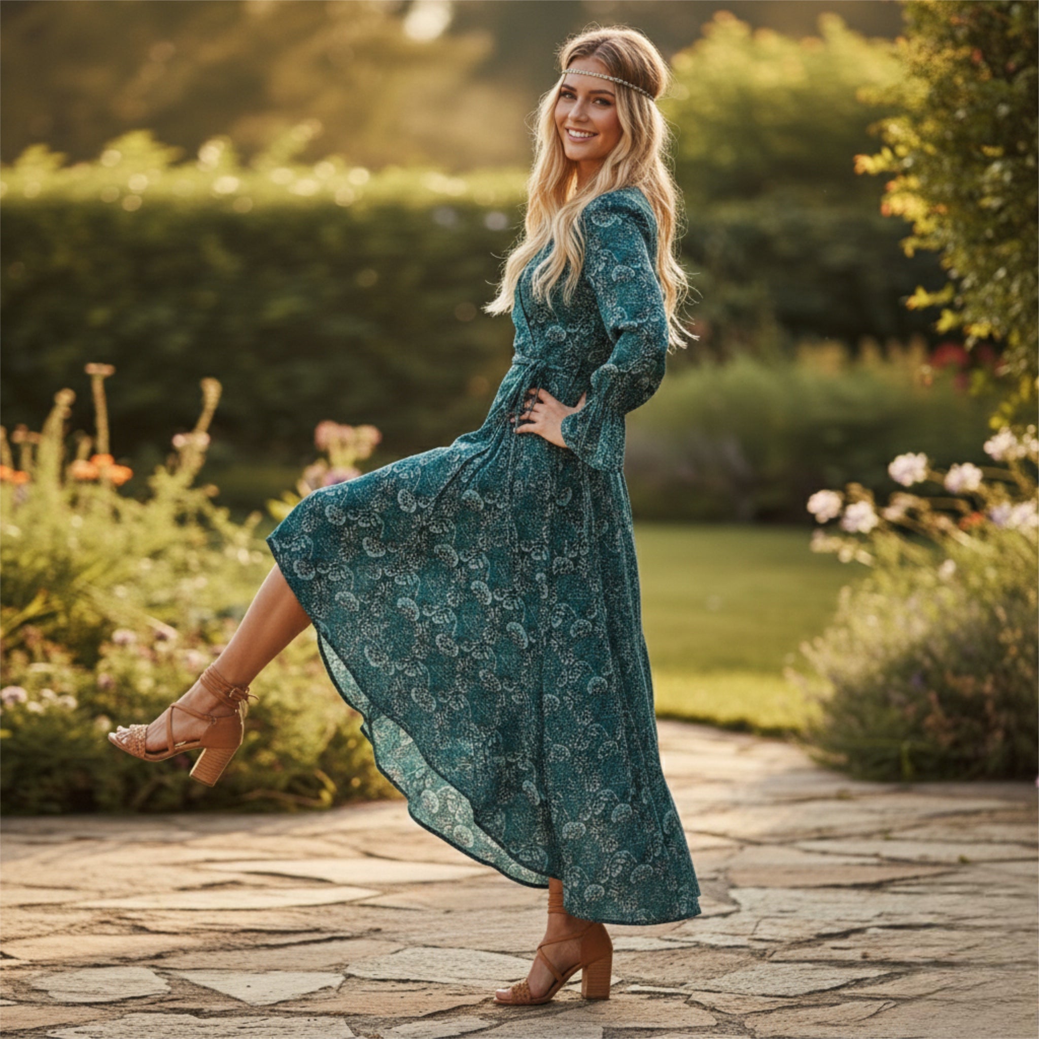 B.O.G. Collective Band Of The Free Jewel Teal Boho Floral Wrap Maxi Dress