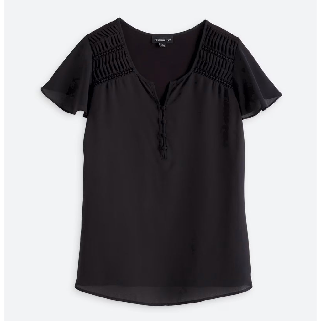 FORTUNE + IVY Stitch Fix Livey Blouse Black Flutter Sleeve Button Front Top