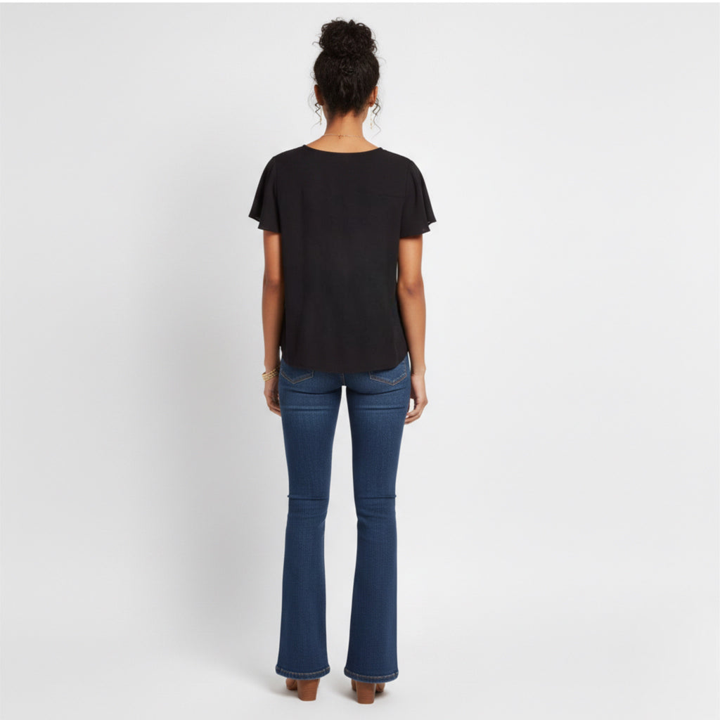 FORTUNE + IVY Stitch Fix Livey Blouse Black Flutter Sleeve Button Front Top
