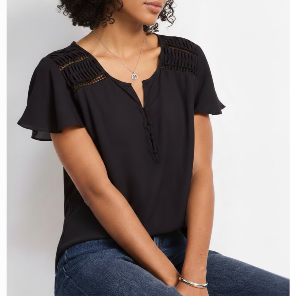 FORTUNE + IVY Stitch Fix Livey Blouse Black Flutter Sleeve Button Front Top