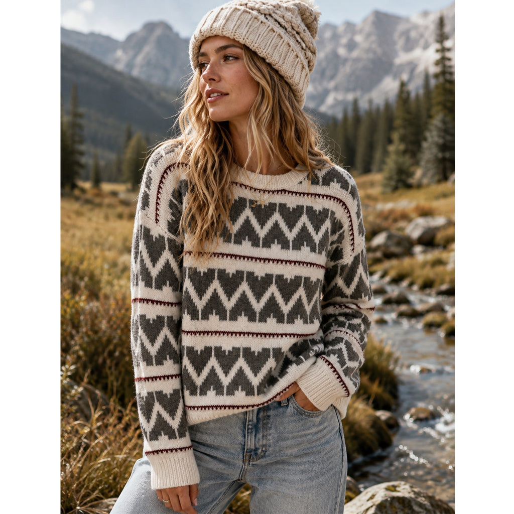 LA MEIL Knit Sweater Women’s Fair Isle Boho Oversized Pullover Cream Gray