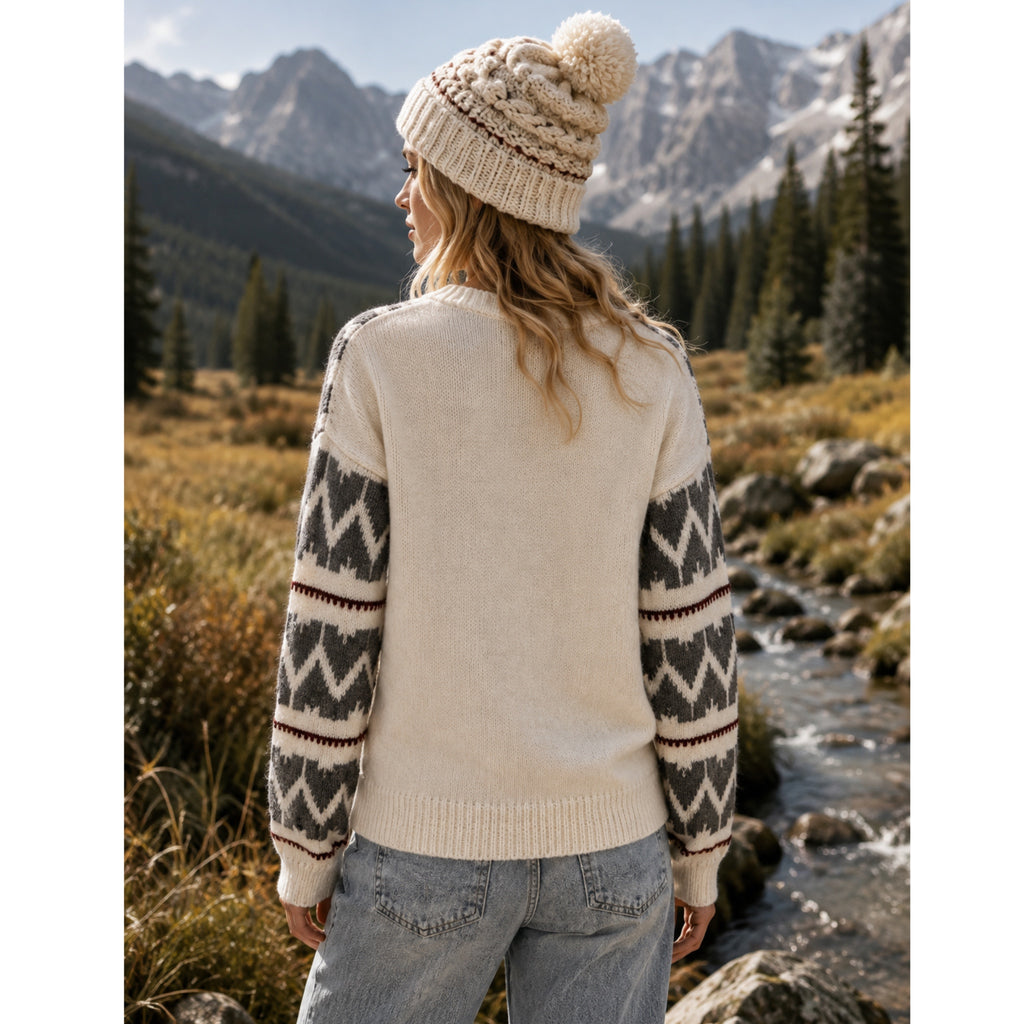 LA MEIL Knit Sweater Women’s Fair Isle Boho Oversized Pullover Cream Gray