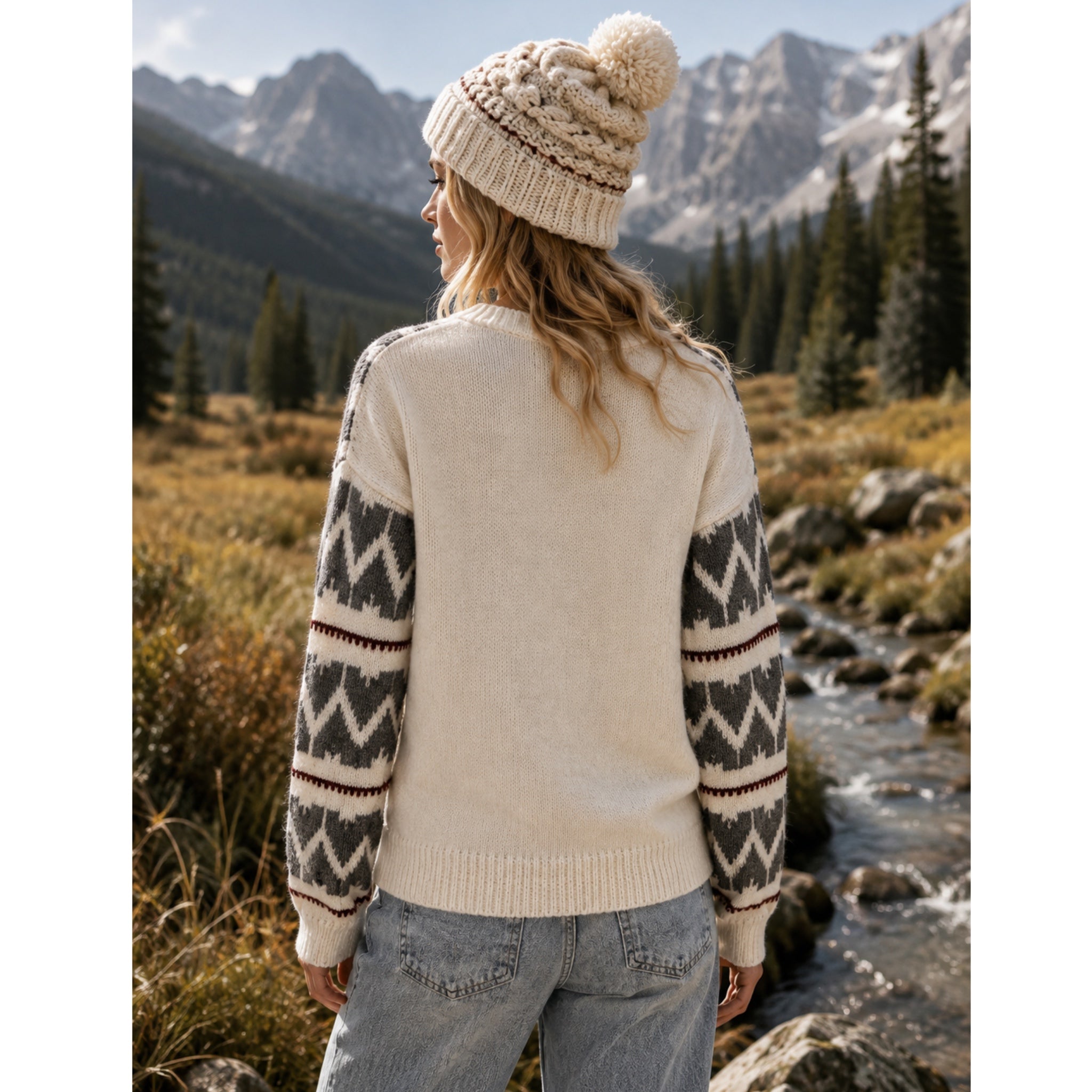 LA MEIL Knit Sweater Women’s Fair Isle Boho Oversized Pullover Cream Gray