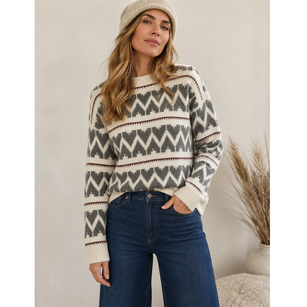 LA MEIL Knit Sweater Women’s Fair Isle Boho Oversized Pullover Cream Gray