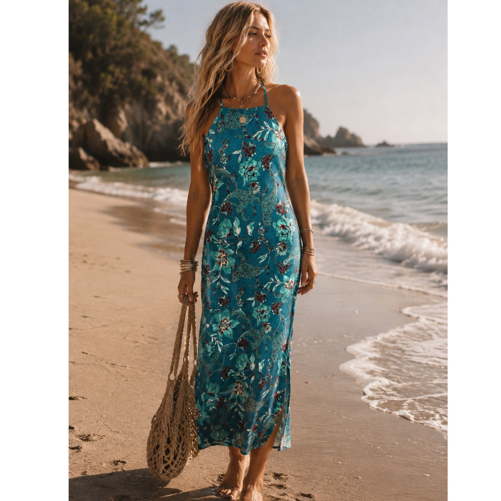 B.O.G. COLLECTIVE BAND OF THE FREE Teal Floral Sleeveless Midi Dress