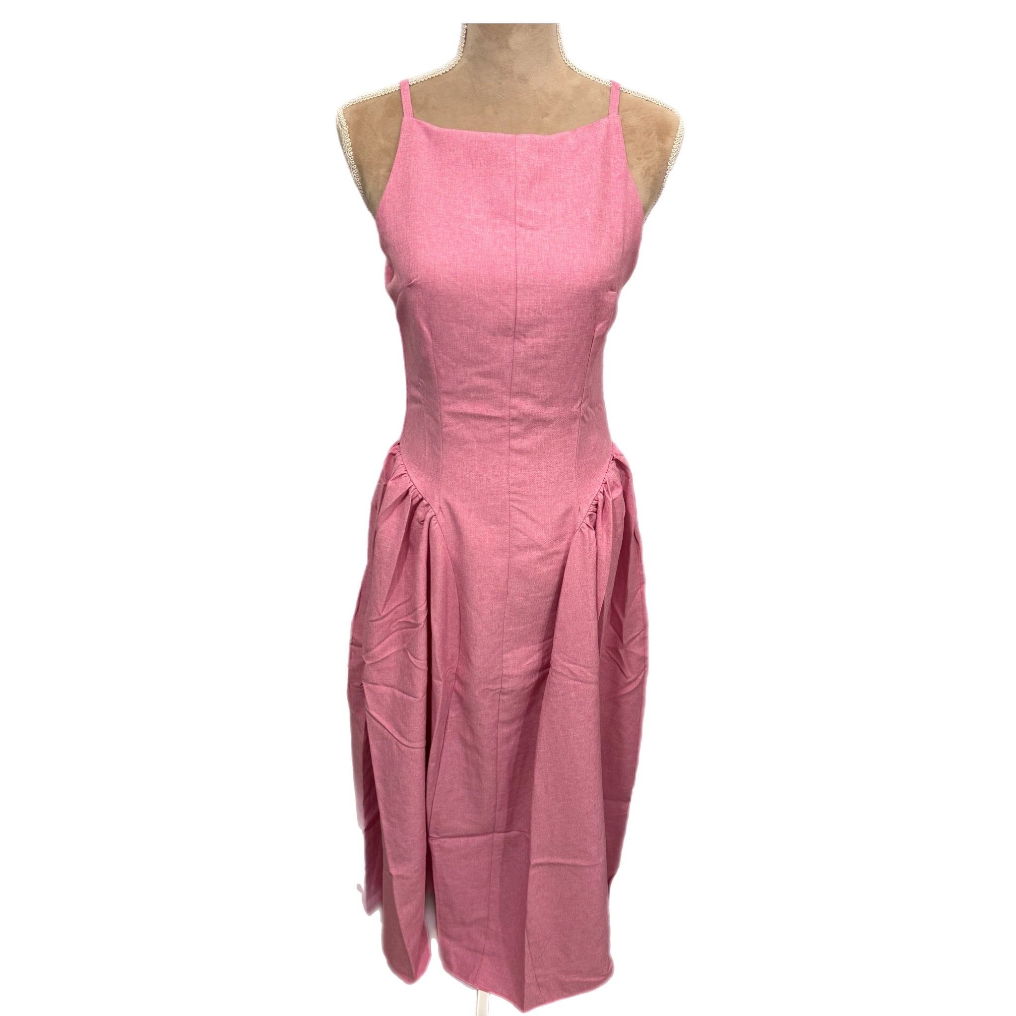 Pretty in Pink Drop Waist Maxi Dress Pleated Skirt Square Neck