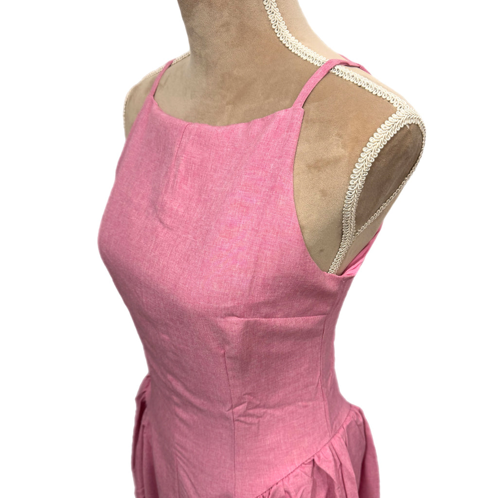 Pretty in Pink Drop Waist Maxi Dress Pleated Skirt Square Neck