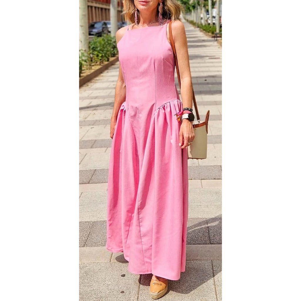 Pretty in Pink Drop Waist Maxi Dress Pleated Skirt Square Neck