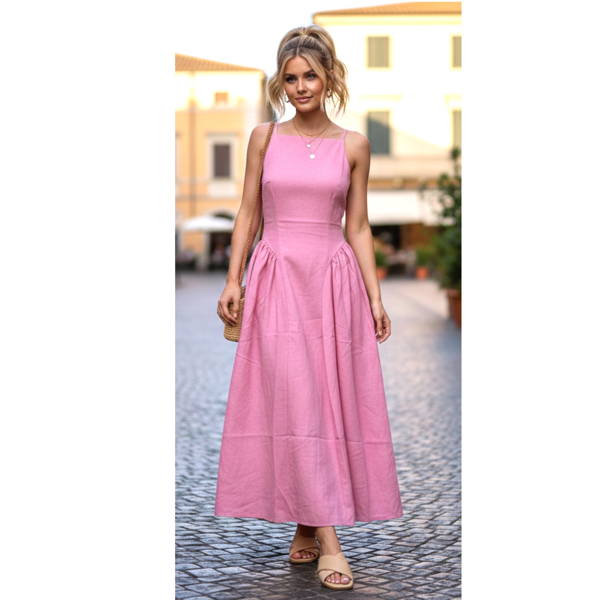 Pretty in Pink Drop Waist Maxi Dress Pleated Skirt Square Neck