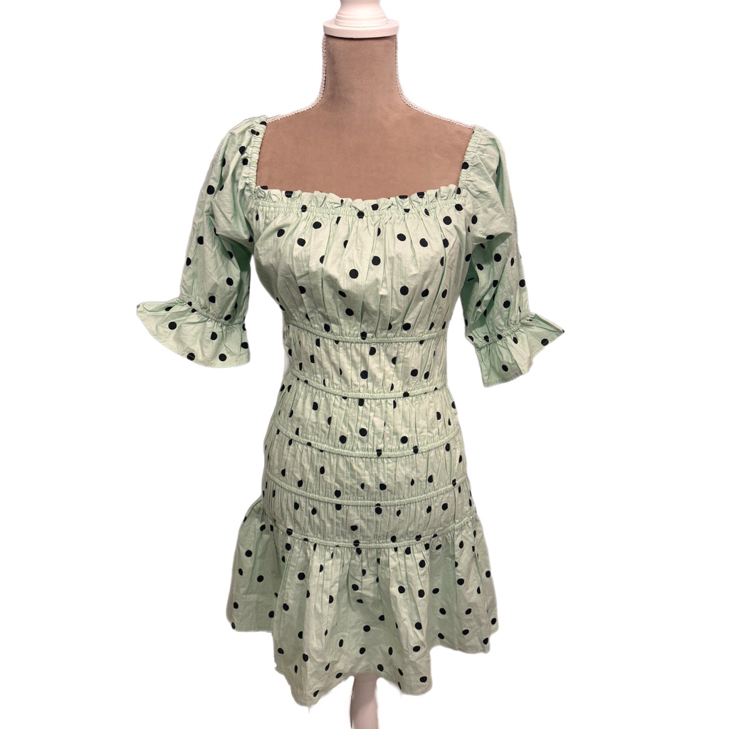Influence Cotton Poplin Polka Dot Mini Tea Party Dress Shirring Mint Green