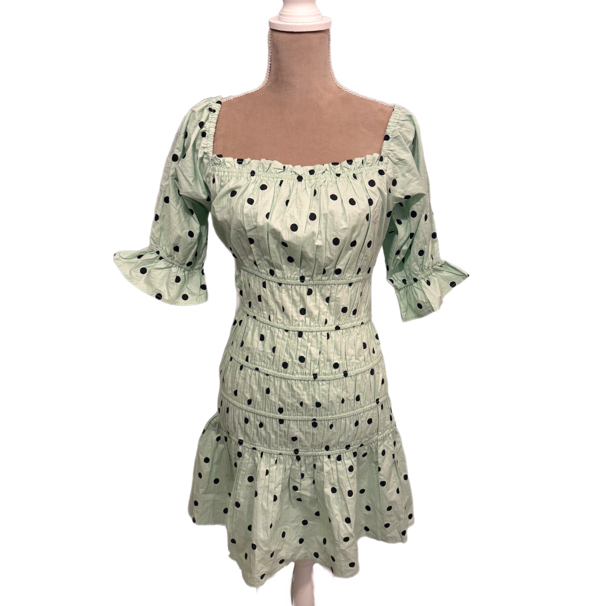 Influence Cotton Poplin Polka Dot Mini Tea Party Dress Shirring Mint Green