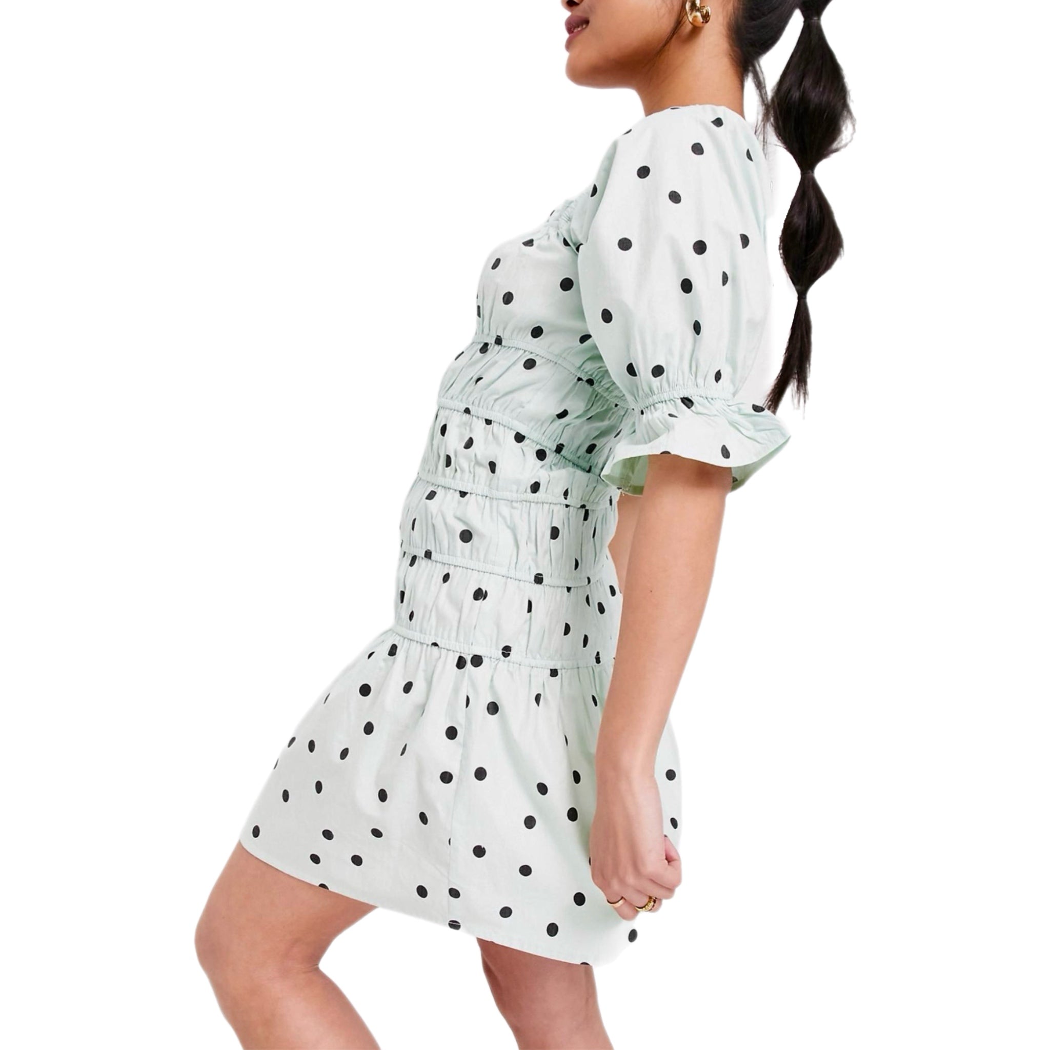 Influence Cotton Poplin Polka Dot Mini Tea Party Dress Shirring Mint Green