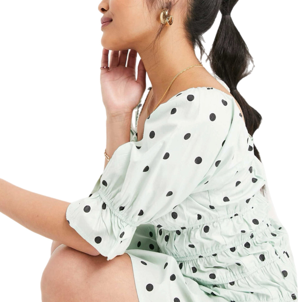 Influence Cotton Poplin Polka Dot Mini Tea Party Dress Shirring Mint Green