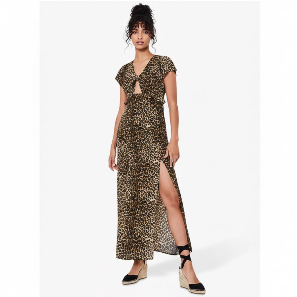 OASIS Tiger Print Slit Maxi Dress V Neck Summer Short Sleeve