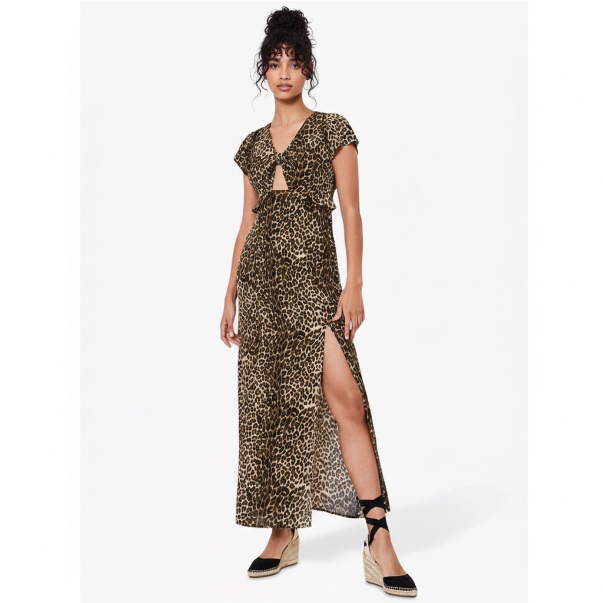 OASIS Tiger Print Slit Maxi Dress V Neck Summer Short Sleeve