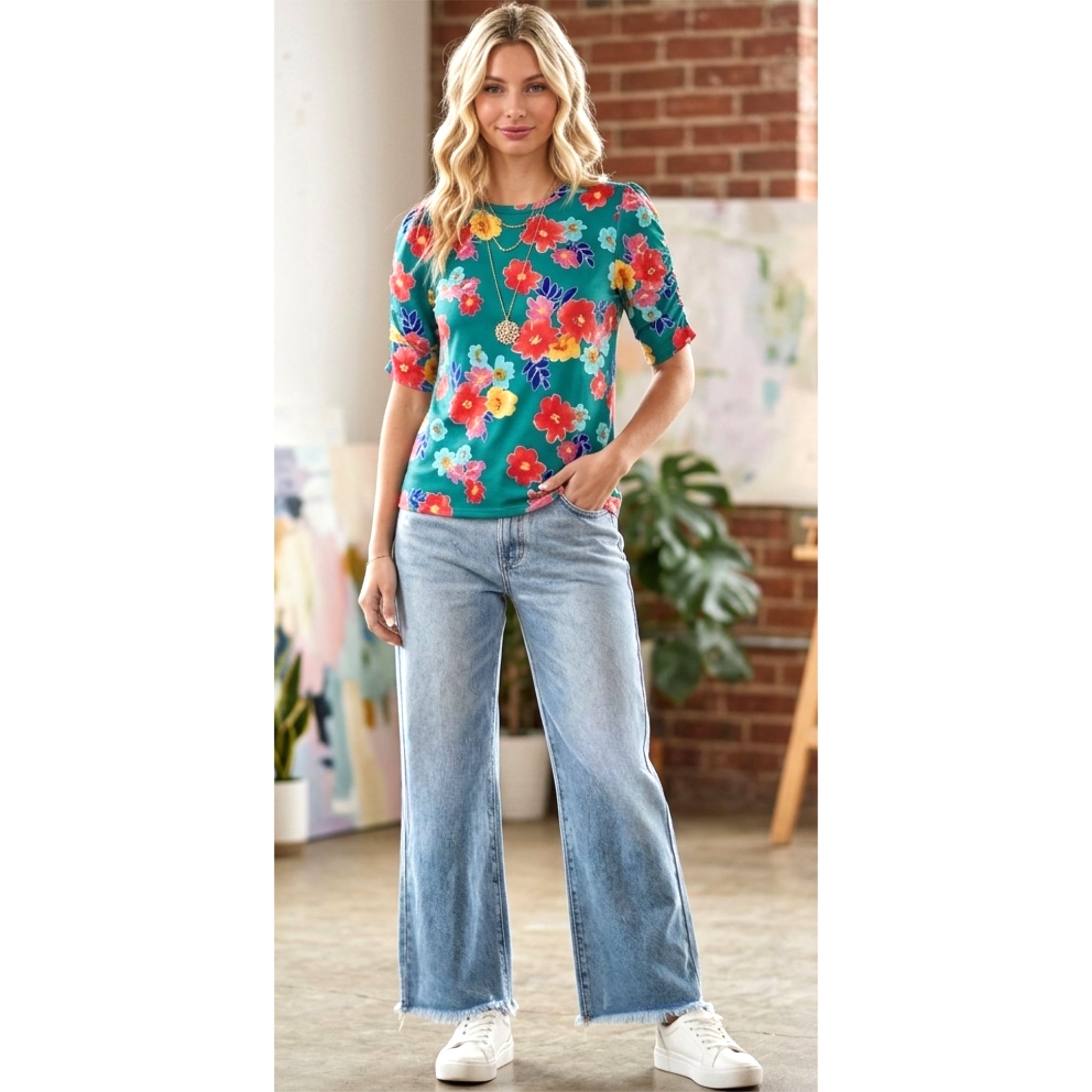 The Coastal Garden Shirred Sleeve Knit Top in Summer in Teal Botanical