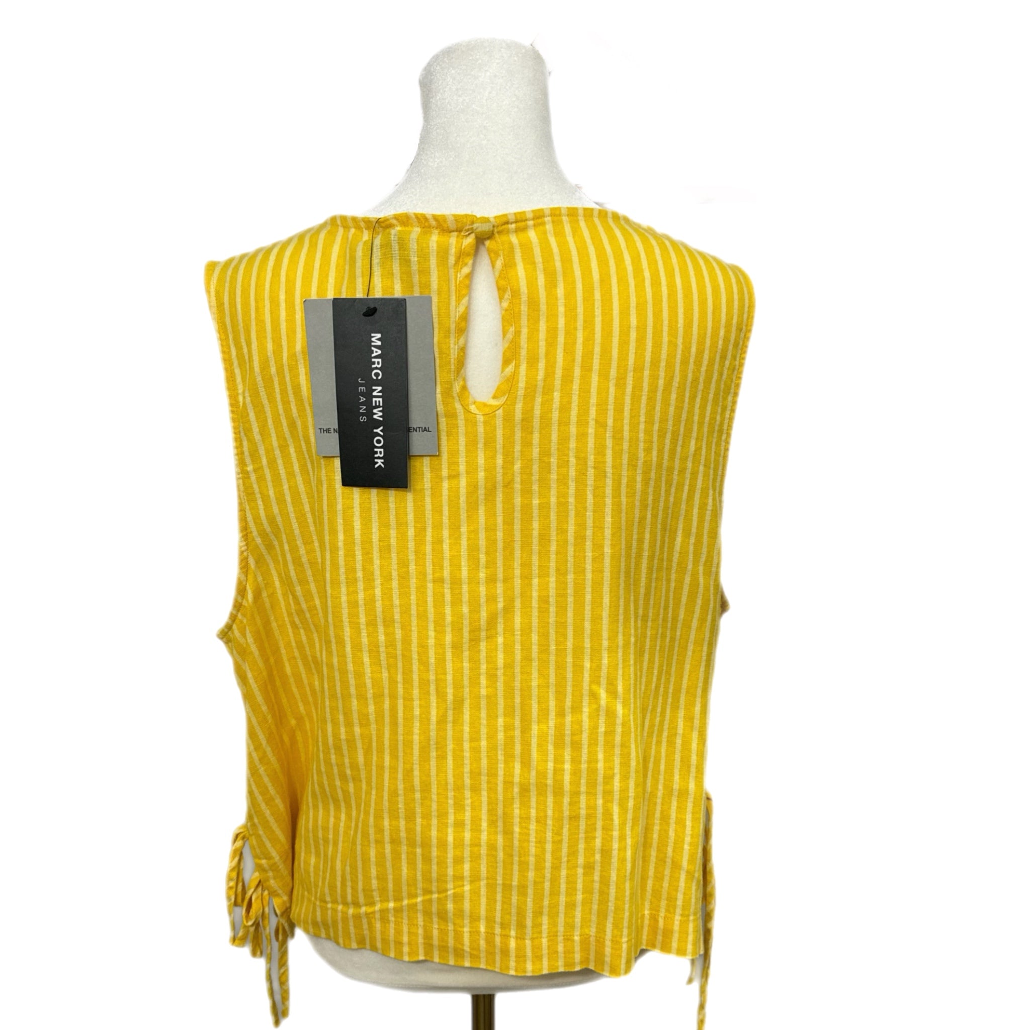 MARC NEW YORK Coastal Linen Blend Blouse Yellow Stripe Tie Side