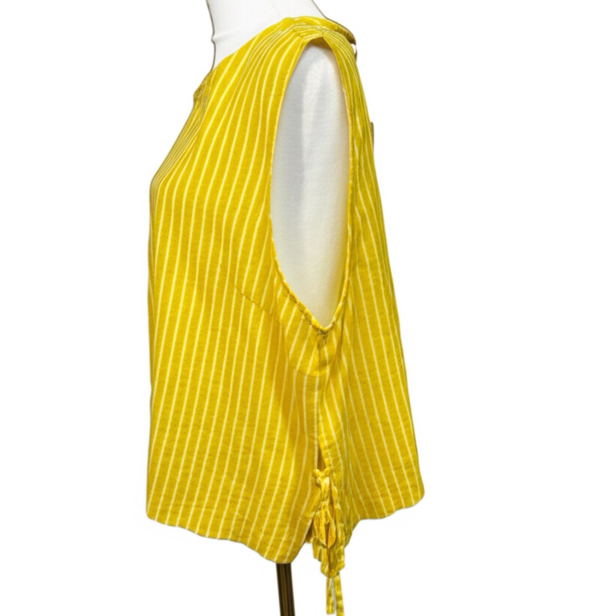 MARC NEW YORK Coastal Linen Blend Blouse Yellow Stripe Tie Side