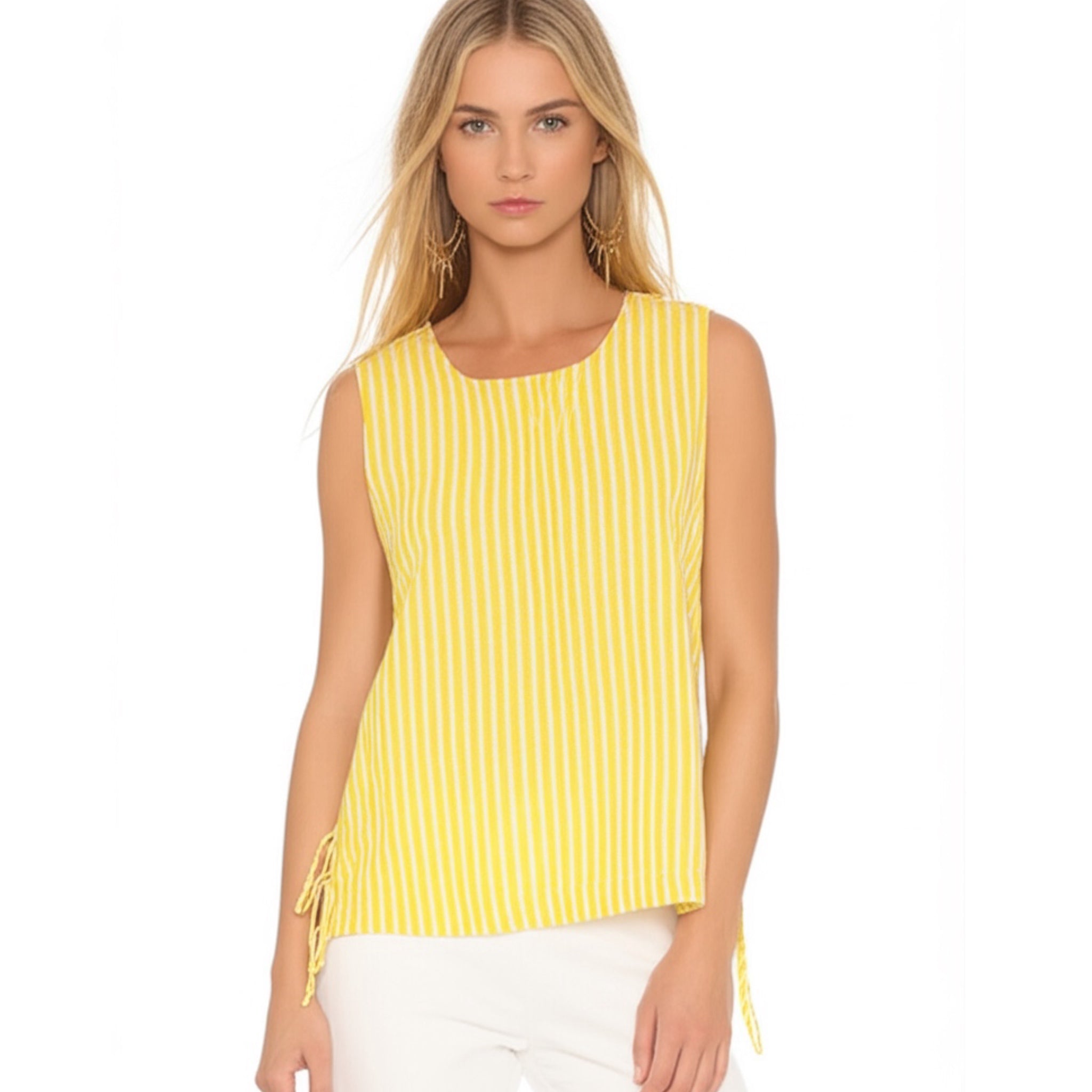 MARC NEW YORK Coastal Linen Blend Blouse Yellow Stripe Tie Side