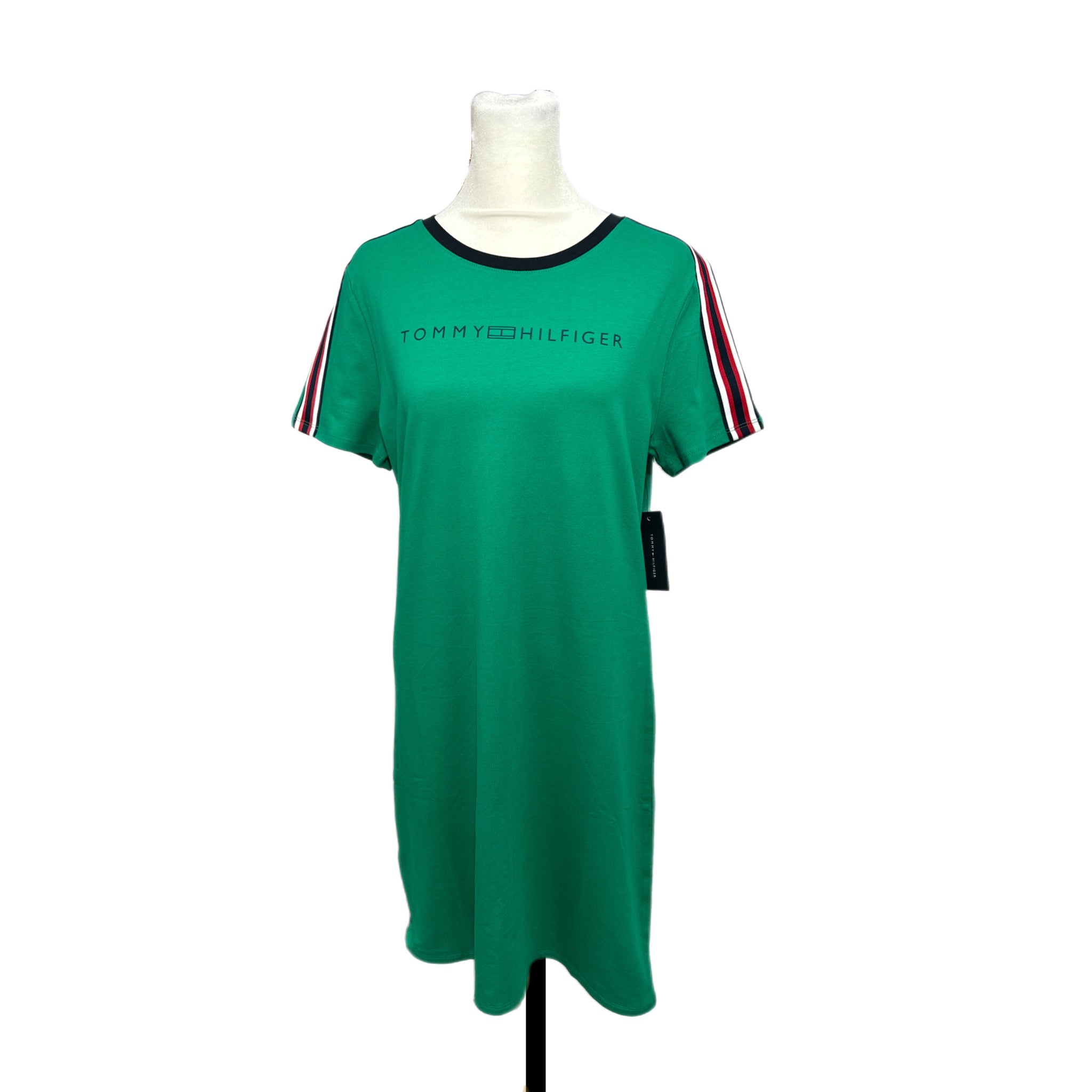 TOMMY HILFIGER Preppy Green T Shirt Dress Short Sleeve Stripe Accent